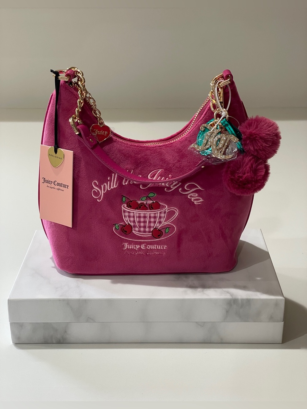 Juicy Couture Sweet Tea Party Raspberry Tart Hobo Bag with Pom-Pom Charm